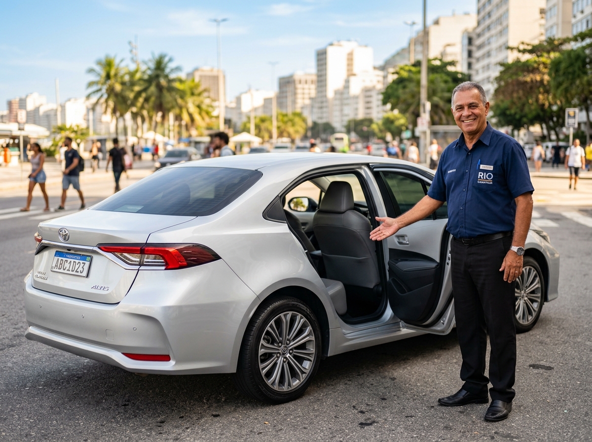 Motorista credenciado ao lado do veículo limpo e preparado